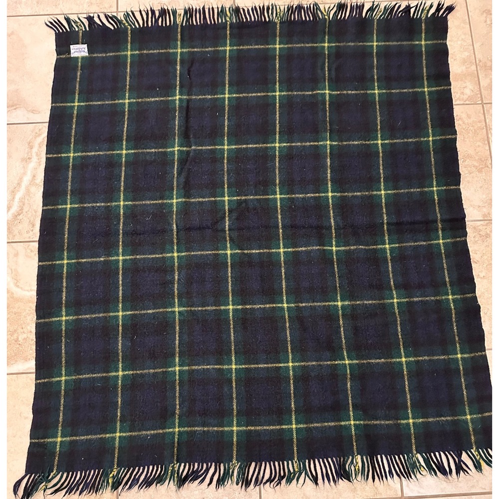 Highland Industries Scotland Wool Blanket Plaid Tartan Green Navy Yellow Fringe